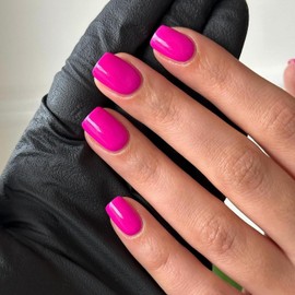 KQueenest Acrylic Press on Nails Short Square, Hot Pink False Nails Short Coffin, Glossy Natural Solid Color Small Fake Nails Set, Reusable Gel Stick on Nail for Women Finger Daily Wear 24 Pcs