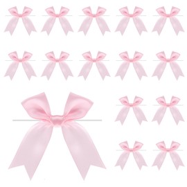 3 Inch Twist Tie Bows, 50 PCS Pink Satin Ribbon Bows, Satin Bows for Gift Wrapping Tied Ribbon Bow, Bakery Candy Bags and Package Decorating Ribbon Bow for Baby Shower Craft Birthday Party Wedding