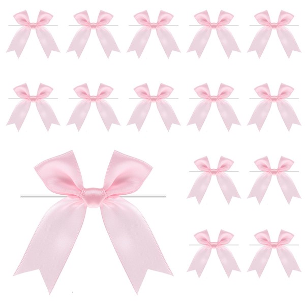 3 Inch Twist Tie Bows, 50 PCS Pink Satin Ribbon