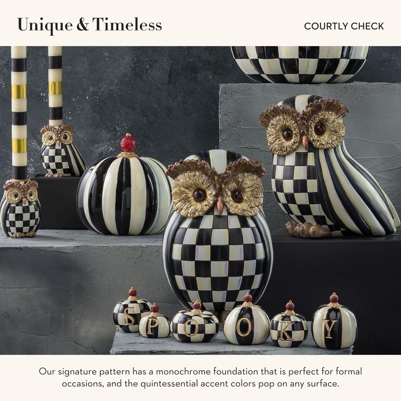 MACKENZIE-CHILDS Owl, Fall Owl Decor for Home, Black-and-White Courtly Check