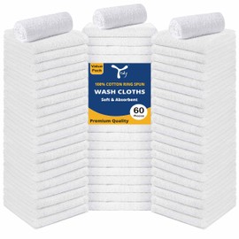 YRALY Cotton Washcloths Bulk (60 Pack) - 100% Ring Spun Cotton, Premium Quality Face Cloths, Highly Absorbent and Soft Fingertip Towels, Wash Cloths (12x12 inch, White)