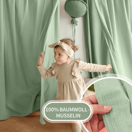 House Bed Canopy Decoration Set, Bed Canopy House Bed Made of Muslin - 2 Bed Canopies & 1 Bunting for Boys Girls Decoration for Children's Room, Canopy Children's Room Decoration I 67 x 320 cm Khaki