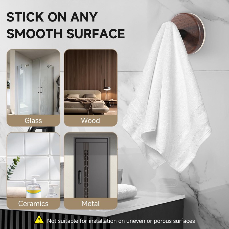 SEIUCAN Walnut Suction Cup Hooks - Waterproof No Drill Removable