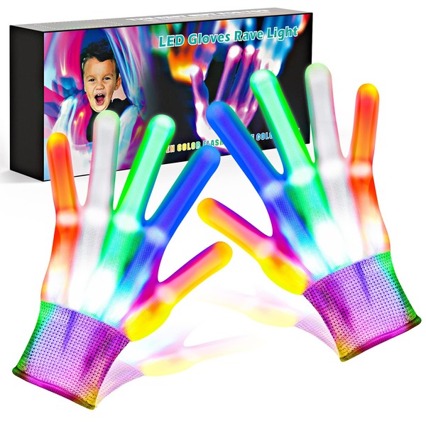 Cool Toys LED Gloves with 6 Flashing Mode, Stocking Stuffers for Halloween Christmas Birthday Parties, Fun Gift for 3 4 5 6 7 8 9 10 11 12 Year Old Girls Boys(1 Pair)