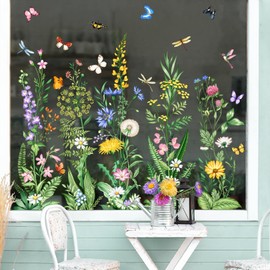 Tanlaby Spring Summer Flower Window Stickers Floral Grass Wildflower Window Clings with Butterfly Green Plant Static Window Decals for Home Glass Doors Decor