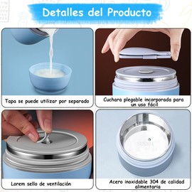 BILIBON 500 ml Tarro Térmico de Acero Inoxidable para Niños, Tarro de Comida Aislado al Vacío Portátil, Viene con Cuchara y Bolsa Térmica, Tapa Separada, 3H Reten Ción de Calor Duradera Durante (Azul)