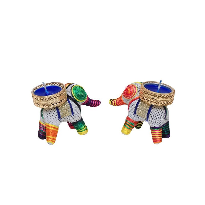 Aditri Creation 手作りエレファントティーライトホルダー2セットラッキーチャームティーライトキャンドルホルダースタンドTライトデコレーション新年ギフト装飾照明アクセサリー(ワックスなし) マルチカラー、ホワイト