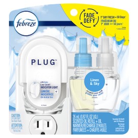 Febreze Odor-Eliminating Fade Defy PLUG Air Freshener, Linen & Sky, Starter Kit & 26 mL Scented Oil Refill