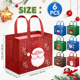 Clysee 6 Pcs Christmas Gift Bags with Handles 12.6 x 9.8 x 6.7 Inch Large Non-Woven Tote Bags Christmas Reusable Treat Bags for Gifts Wrapping Shopping Xmas Holiday Party Favors