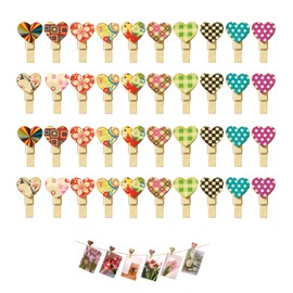 PFLYPF 40 Coloured Wooden Clips Mini Heart Clip Wooden Photo Paper Clips Photo Clips Can Be Used for Photo Decoration for Party Wedding