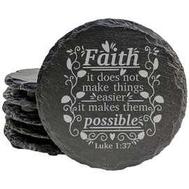 Faith and Hope: Laser Etched Scripture Coasters | Laser Engraved Luke 1:37 "Faith Makes It Possible" | Religious Home Decor - Round Slate - set of 5