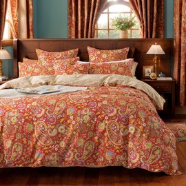FADFAY Paisley Duvet Cover Set Twin Bohemian Damask Paisley Bedding Luxurious Orange Boho Paisley Comforter Cover Set 100% Cotton Ultra Soft Quilt Cover with Hidden Zipper Closure 3 Pieces, Twin Size