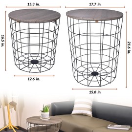 Elevon Nesting Table End Table Wire Basket Base with Wood Tops Side Table Set of 2, Gray
