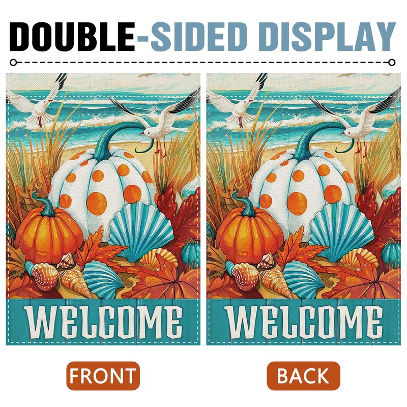 Dyrenson Welcome Fall Pumpkin Beach Decorative Garden Flag, Coastal Autumn