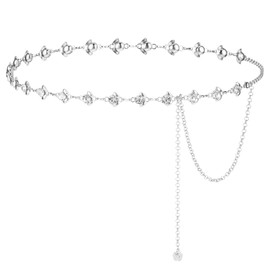 TIESOME Chain Belt for Women, Rhinestone Flower Waist Chain, Adjustable Crystal Waist Belts Bridal Wedding Belt for Dress (Silver,50.18in)