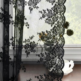 Kotile Black Lace Curtains 30 Inch Length 2 Panels Set, Country Rusitc Gothic Floral Short Lace Kitchen Window Curtains Over Sink, Rod Pocket Privacy Sheer Goth Lace Café Curtains, Each 52 x 30 Inch