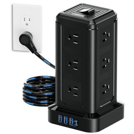 NVEESHOX Surge Protector Power Strip Tower, 10 FT Flat Plug Extension Cord with 12 AC Outlets 4 USB Ports(20W PD Type C), Charging Station with Surge Protection for Family, Office, Dorm