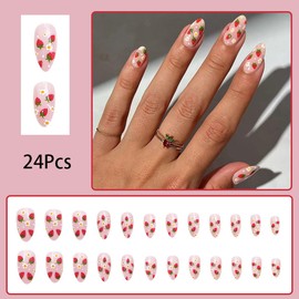 Strawberry Press on Nails Almond Fake Nails Cute Medium Length Acrylic Nails Pink False Nails with Strawberries Flower Designs Glossy Glue on nails Full Cover Stick on Nails for Girls