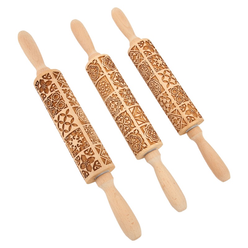 3pcs Wooden Embossed Rolling Pin Engraved Embossing Dough Roller for