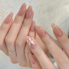 [Overseas] Gel Nail Sticker Wearable Nail Sticker Sparkling Silver Pink Butterfly Oval Almond Removable Luxury Medium S002 Butterfly+ Kit attached 20ea