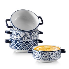 Cerkik Soup Bowls with Handles - 24oz Ceramic French Onion Soup Crocks Serving Bowls for Pasta Cereal Beef Stew Pot Pies Casserole - Oven Microwave Dishwasher Safe - Set of 4, Blue