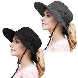 2 Pack Women Sun Hat UV Protection Wide Brim Foldable Safari Fishing Cap, 2 Pack Black and Grey