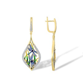 Santuzza 925 Sterling Silver Dragonfly Earrings Cubic Zirconia Enamel Grass Dangle Earrings for Women