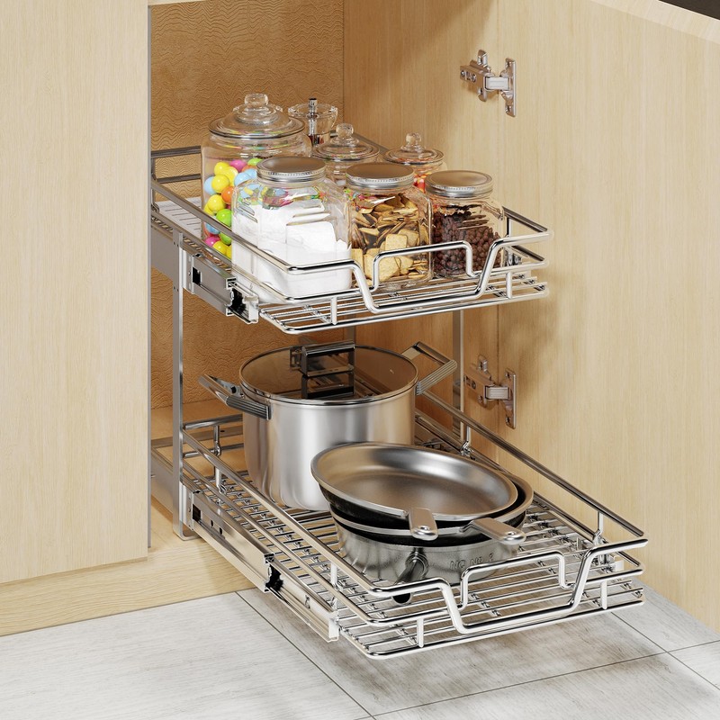 QUYUWU 2-Tier Kitchen Cabinet Pull Out Shelf and Drawer Organizer