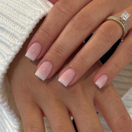 SXVME Ombre Pink Press on Nails Short Square, White and Pink Glue on Nails, French Fake Nails Press ons Natural Fit Short Coffin False Nails for Women 24 Pcs