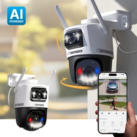 Defender AI Powered 2K+ Guard MAX Extreme WiFi Camera, Night Color Dual Lens PTZ Plug-in Power Outdoor Security, Night Vision AI Human/Vehicle Tracking Camera, WiFi 6/Bluetooth and Mobile App.