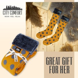 CityComfort Cuddly socks for women, thick socks, women's non-slip house socks, knee-high stockings, Yellow Blue Dots