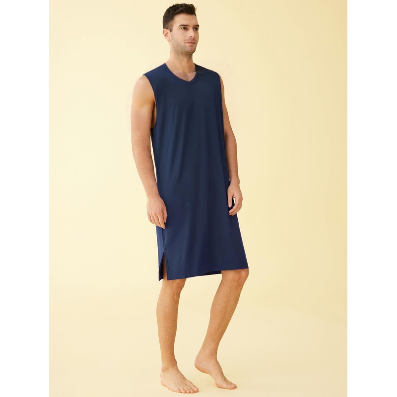Latuza Men's Bamboo Viscose Nightshirt Sleeveless Sleep Shirt, Navy, Medium