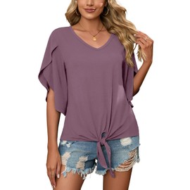 SUEANI Women's V Neck Batwing Half Sleeve Shirts Loose Blouse Solid Color Tops(X-Large, VG Dusty purple)