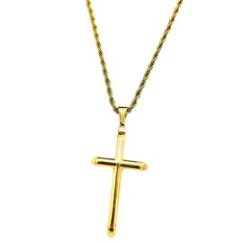 INCREDIBLE CHIC COLLECTIONS 24K Gold Rope Chain Style Cross Pendant Necklace Real Gold Plated Solid Clasp for Men,Women,Teens 3mm 18",20" (20")