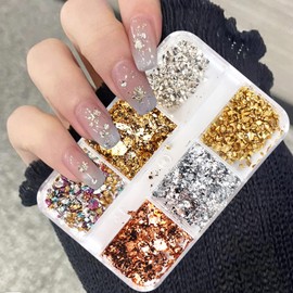 6 Grids Metallic Nail Art Foil Flakes Gold Nail Glitter Sequins Silver Nail Charms Design Nail Supplies Accessories 3D Holographic Sparkly Aluminum Foil Flake for Women Glitter Flakes Nail Decorations