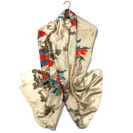 Shanlin Silk Feel Long Floral Satin Scarves for Women in Gift Box (Floral Birds Beige)