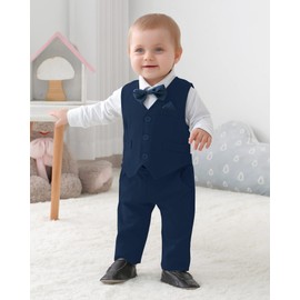 DISAUR Baby Boy Clothes Toddler Boy Outfits, 4PC Gentleman Dress Romper + Vest + Pants + Bow Tie Cotton Suit Set (Navy Blue, 3-6 Months)