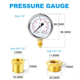 ERGAOBOY 0-4 Bar (0-60 Psi) Stainless Steel 1/4 Inch BSP 2.5 Inch Dial Liquid Pressure Gauge, with Brass Adapter, Bottom Mounting