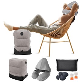 BREENHILL Hooded Neck Pillow Can Conceal Your Face, Inflatable Footrest with 3 Height Adjustment, Travel Accessory for Airplane, Car, Night Bus, Bullet Train, Home, Office