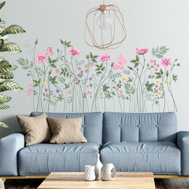 WOHAHA Pink Flowers Wall Stickers Green Leaves Wildflowers Blossom Wall Decals for Kitchen Plant Wall Decor Murals for Girls Bedroom Bathroom Living Room Peel and Stick Wall Art Decoration