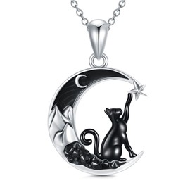 Shusukue Bat/Spider/Wolf/Cat/Fox/Owl/Sun Crescent Moon Chain 925 Sterling Silver, Bat Moon Cat Necklace Black Women's Gothic Pendant Jewellery Gifts for Women Girls, Sterling Silver, Cubic Zirconia