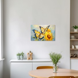 ZXHYWYM Sunflower Canvas Wall Art Blue Butterfly Yellow Flowers Pictures Prints Bathroom Artwork for Country Farmhouse Office Wall Decor(2, (12.00" x 18.00"))