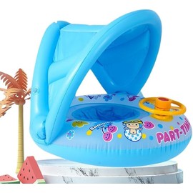 Inflatable Baby Swimming Ring with Sun Canopy for Children up to 15 kg, Removable Hood, Rotating Steering Wheel with Horn, Swimming Aid for Pool and Beach