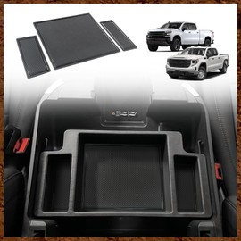 Muslogy Center Console Organizer Compatible with 2022-2026 Chevy Silverado/GMC Sierra 1500 and 2024-2026 Silverado & Sierra 2500HD 3500HD Armrest Storage Box w/Bucket Seats ONLY(OEM Tray Mats only)