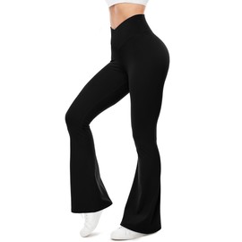 UEU Flare Leggings for Women V Crossover High Waisted Yoga Pants Tummy Control Bootcut Wide Leg, 31" Inseam, Black Small