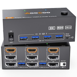 8K@60Hz HDMI Displayport KVM Switch 3 Monitor 2 Computer 4K@144Hz Triple Monitor KVM Switches with USB 3.0 Port,Wired Remote,Power Adapter and USB3.0 Cables(6.6 cm 2 PC 3 Monitor 8K KVM)