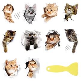 10pcs 3D Cat Dog Decals + 1 Sticker Squeegee 3D Cat Wall Stickers DIY Cat Animal 3D Trick Pictures Home Decor Art Stickers Funny Cute Animal Decals