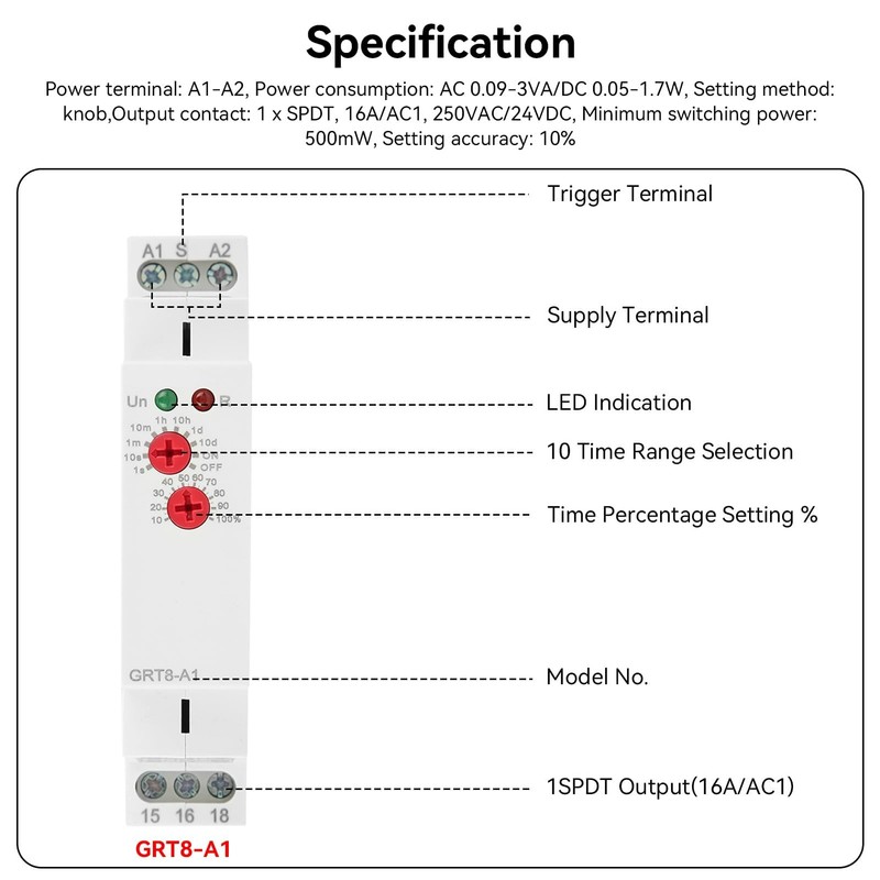 Multifunction Time Relay, 16A Delay ON Off GRT8-A1 AC DC