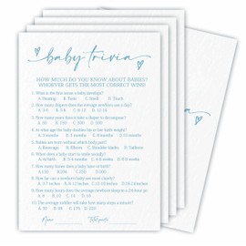 Baby Trivia Game Set For Baby Shower - Minimalism White & Blue - 30 Double-Sided Fill In Style Game Cards & 1 Answer Card For Gender Reveal, Baby Announcement, Party Favor & Supplies - C02