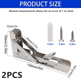 ZHMEINA Folding Shelf Brackets 6 Inch, Heavy Duty Stainless Steel Folding Brackets, Collapsible Shelf Bracket for Table Work Bench, Space Saving DIY Bracket (2PCS, Silver)